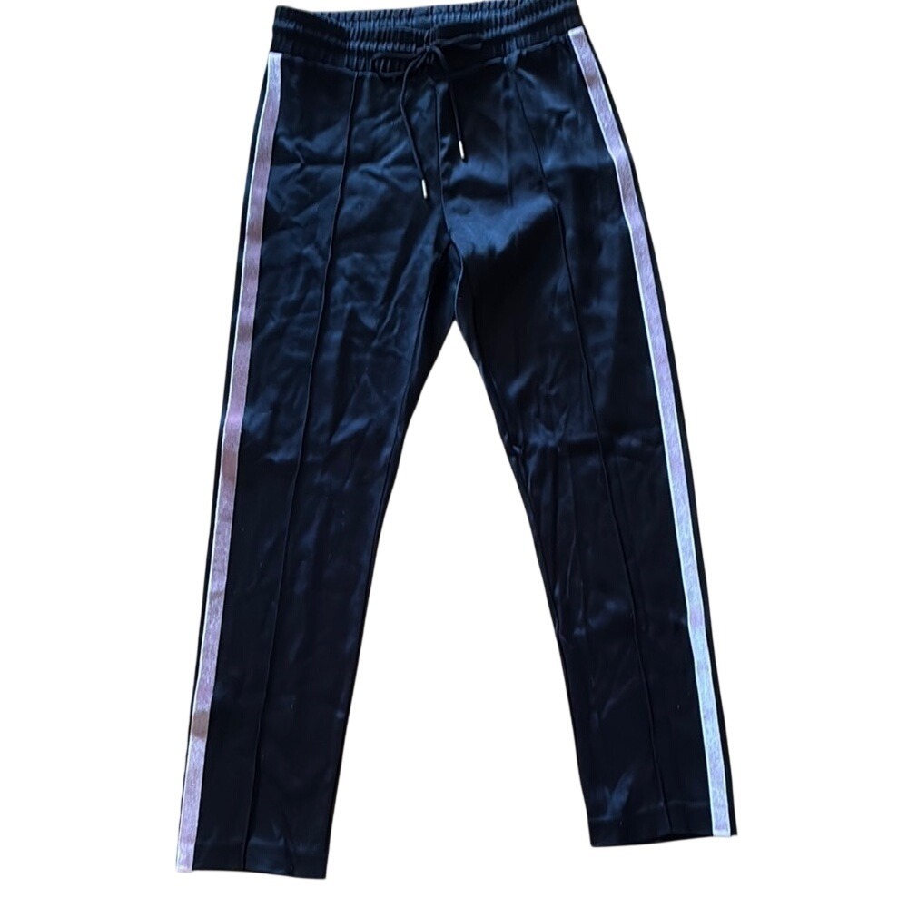 Sandro Paris sz 1 Black shiny‎ Track Pants pink Side Stripes elastic + tie waist